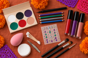 matériel pour maquillage Catrina : palette de couleurs, crayons, rouges à lèvres liquides et gemmes adhésives