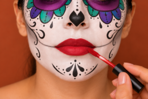 application d'un rouge à lèvres liquide mat pour un maquillage du Día de Muertos