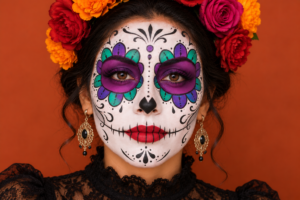 maquillage Catrina terminé avec gemmes, fleurs et lèvres brillantes pour le Día de Muertos