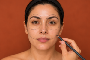 esquisse au crayon gris des repères d'un maquillage Catrina sur le visage