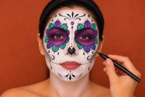 nez en cœur et filigranes noirs au crayon pour un maquillage Catrina